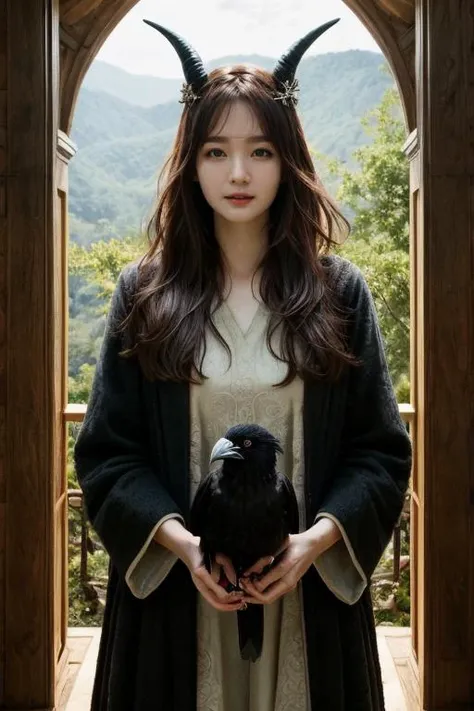 unparalleled 8K UHD professional photograph that stands as a testament to the zenith of artistic vision, set against the backdrop of a spellbinding fantasy realm. At the heart of this realm is a 19-year-old girl, a figure of sublime beauty with cascading soft black hair that glimmers like strands of starlight. Her presence is a harmonious contradiction: while her visage radiates innocence, her amazingly elegantly arched black devil horns unveil her true identity as a bona fide real demon. These devil horns, majestic yet menacing, are a perfect embodiment of her dual nature, blending seamlessly with her enchanting allure. Her pale hands, captured in exquisite detail, are not just visually striking but are also imbued with the narrative of her demonic heritage, each line and curve a whisper of her ancient lineage. By her side stands a majestic, enigmatic giant crow, a noble companion whose presence complements her own formidable essence. Their bond transcends the ordinary, radiating a joy that is both pure and deeply rooted in their shared mystical bond. The scene is bathed in a resplendent natural light that not only illuminates but also enhances the surreal elements of this otherworldly setting. The light weaves through her hair, dances around her horns, and casts a noble glow on her scary giant crow companion, against a backdrop that is vibrant and dreamlike. This composition is a masterful interplay of light and shadow, adding depth and dimension, and rendering every texture so vivid that it feels tangible. This photograph is more than a visual feast; it's an immersive experience. The viewer is not merely observing but is drawn into a world where the line between reality and fantasy blurs, touched by the beauty, mystery, and intrinsic joy of this demon girl and her mythical crow. It's a portrayal that transcends the medium, capturing the essence of their otherworldly existence in a moment frozen in time.