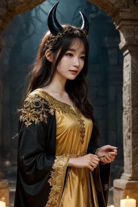 unparalleled 8K UHD professional photograph that stands as a testament to the zenith of artistic vision, set against the backdrop of a spellbinding fantasy realm. At the heart of this realm is a 19-year-old girl, a figure of sublime beauty with cascading soft black hair that glimmers like strands of starlight. Her presence is a harmonious contradiction: while her visage radiates innocence, her amazingly elegantly arched black devil horns unveil her true identity as a bona fide real demon. These devil horns, majestic yet menacing, are a perfect embodiment of her dual nature, blending seamlessly with her enchanting allure. Her pale hands, captured in exquisite detail, are not just visually striking but are also imbued with the narrative of her demonic heritage, each line and curve a whisper of her ancient lineage. By her side stands a majestic, enigmatic giant crow, a noble companion whose presence complements her own formidable essence. Their bond transcends the ordinary, radiating a joy that is both pure and deeply rooted in their shared mystical bond. The scene is bathed in a resplendent natural light that not only illuminates but also enhances the surreal elements of this otherworldly setting. The light weaves through her hair, dances around her horns, and casts a noble glow on her scary giant crow companion, against a backdrop that is vibrant and dreamlike. This composition is a masterful interplay of light and shadow, adding depth and dimension, and rendering every texture so vivid that it feels tangible. This photograph is more than a visual feast; it's an immersive experience. The viewer is not merely observing but is drawn into a world where the line between reality and fantasy blurs, touched by the beauty, mystery, and intrinsic joy of this demon girl and her mythical crow. It's a portrayal that transcends the medium, capturing the essence of their otherworldly existence in a moment frozen in time.
