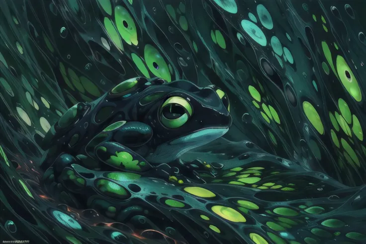 (masterpiece, top quality, best quality, official art, beautiful and aesthetic:1.2), an acrylicpourpainting of a frog, black, green, brown, (no humans:2), <lora:AcrylicPourPainting:1.0>