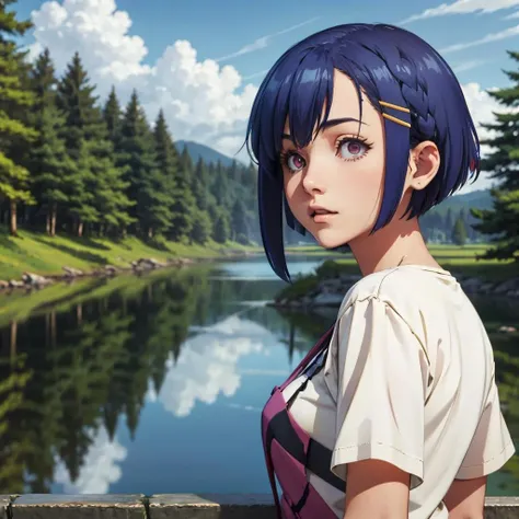(best quality), (masterpiece), woman, aki_shino, double hairclip, shirt, lake, forest, cloudy, <lora:aki_shino:1> colorful