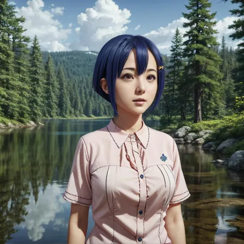 (best quality), (masterpiece), mature woman, aki_shino, double hairclip, shirt, lake, forest, cloudy, <lora:aki_shino:1> colorful