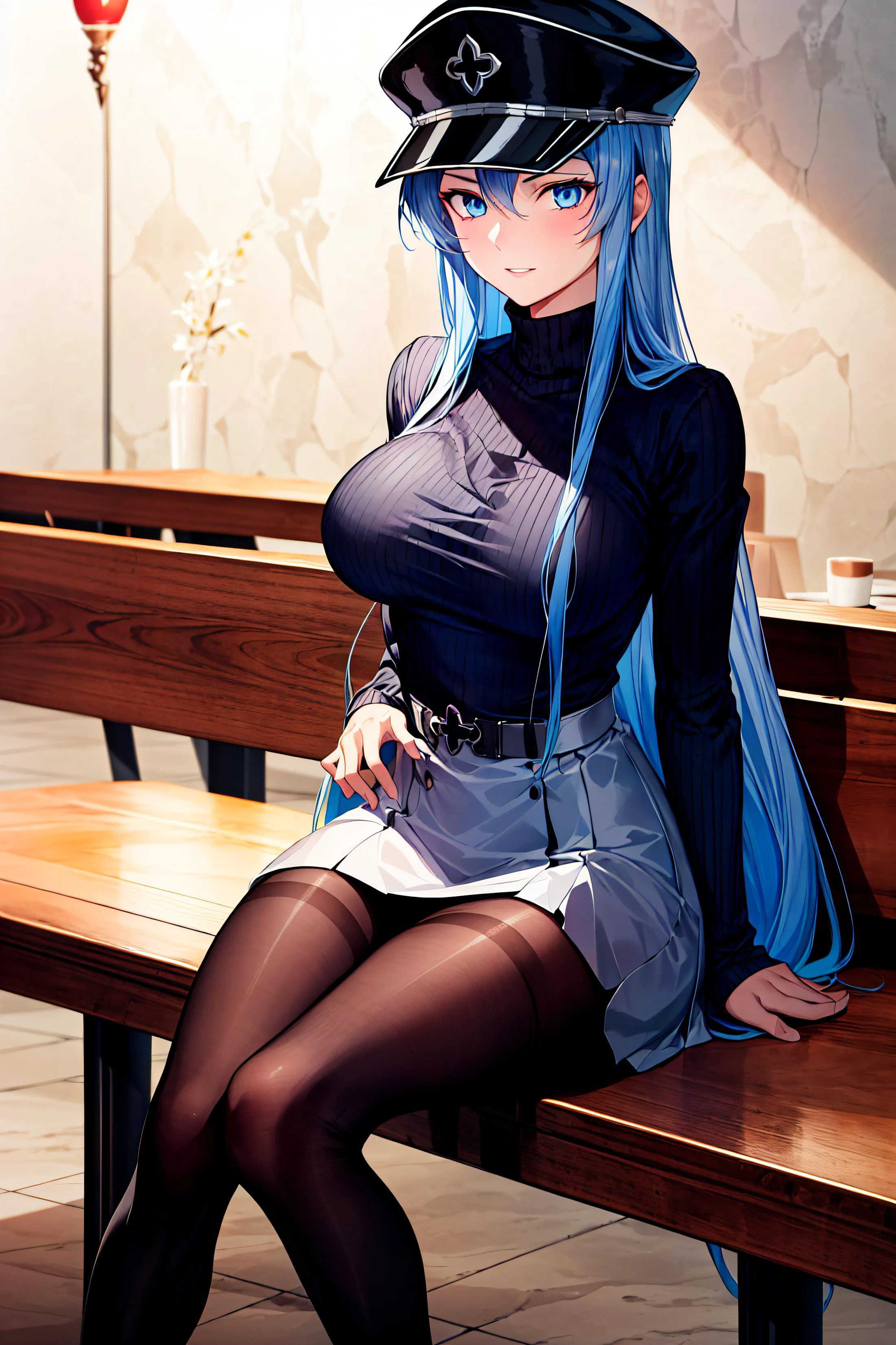 (masterpiece), (best quality),highres, ultra detailed, esdeath, long hair ,blue hair, blue eyes, <lora:esdeath1:0.6> ,peaked cap, detailed background, coffee shop,high-waist skirt, black pantyhose, (black sweater), <lora:add_detail:0.5>, sitting