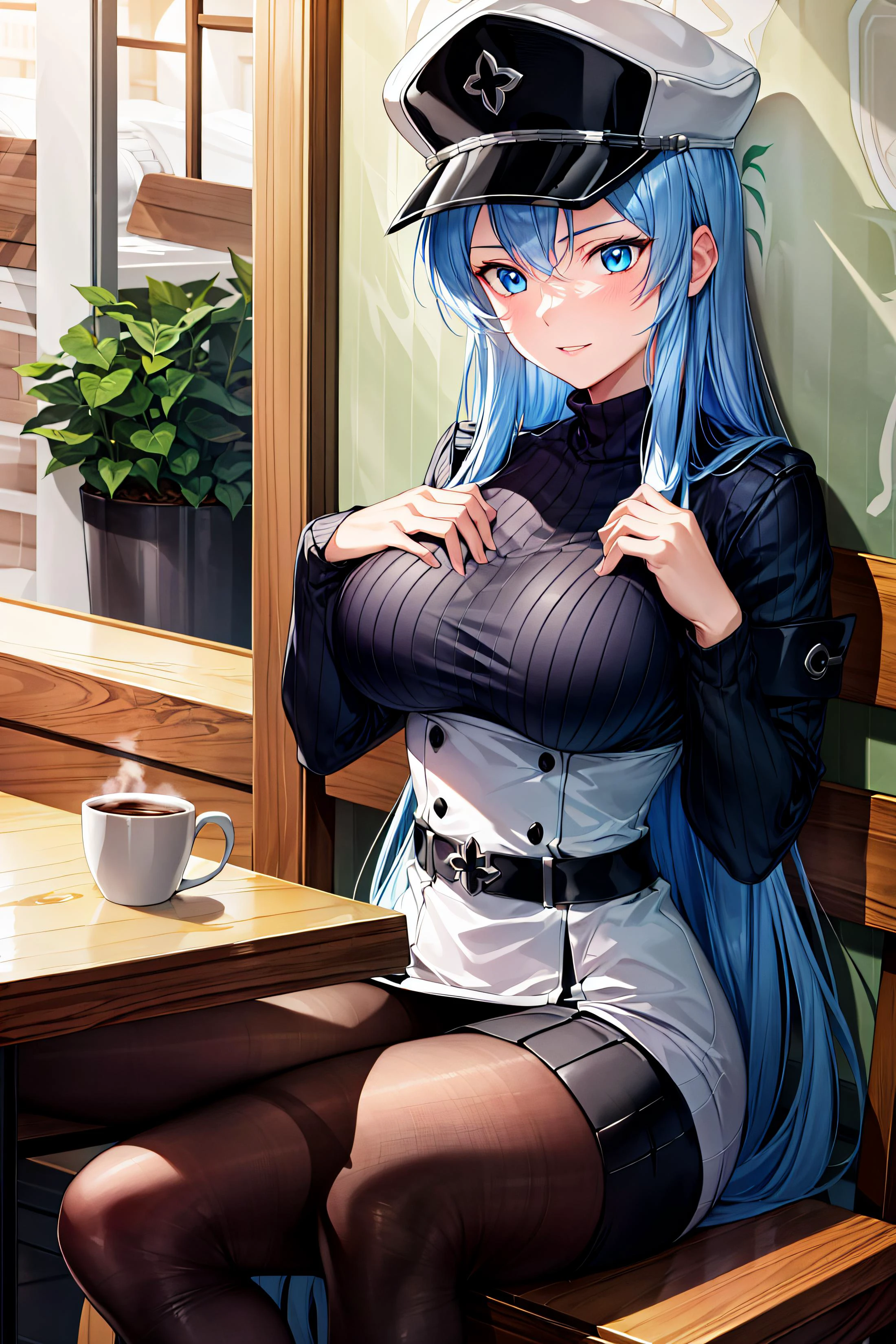 (masterpiece), (best quality),highres, ultra detailed, esdeath, long hair ,blue hair, blue eyes, <lora:esdeath1:0.6> ,peaked cap, detailed background, coffee shop,high-waist skirt, black pantyhose, (black sweater), <lora:add_detail:0.5>, sitting
