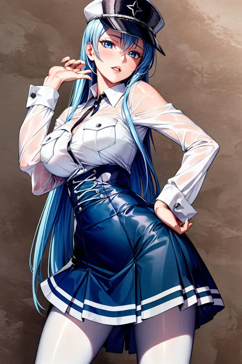 (masterpiece), (best quality),highres, ultra detailed, esdeath, long hair ,blue hair, blue eyes, <lora:esdeath1:0.5> ,peaked cap, detailed background, high-waist skirt, (black pantyhose),,virgin killer outfit, <lora:virgin_killer_outfit:1>, <lora:add_detail:1>