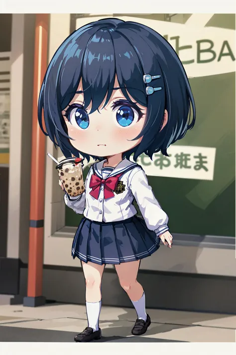 best quality, absurdres, high detail, city, road, bubble tea challenge,
standing, walking, holding cup,
solo, chibi, kaorin, school uniform, hairclip, white sailor collar, white shirt, long sleeves, red bowtie, pleated skirt, blue skirt, black socks, loafers
<lora:MGCM-kaori-t1-000100:0.7>
