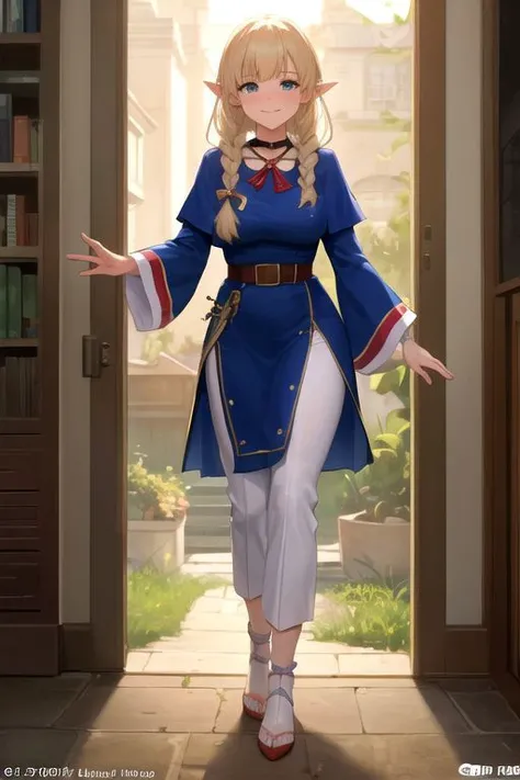(masterpiece, top quality, extremely detailed, best quality, beautiful and aesthetic:1.2), (1girl:1.3), official art, high resolution, surreal, <lora:sumiyao+MEI2-000010:1> sumiyao+, <lora:marcille_donato:0.7> marcille donato,elf,pointy ears,long hair,twin braids,hair ribbon,red choker,blue capelet,robe,long dress,blue dress,long sleeves,red ribbon,belt,wide sleeves,skirt,pants,pants under skirt,sandals,white footwear, standing, heart, heart hands, awkward smile, wavy mouth, gigantic breasts,