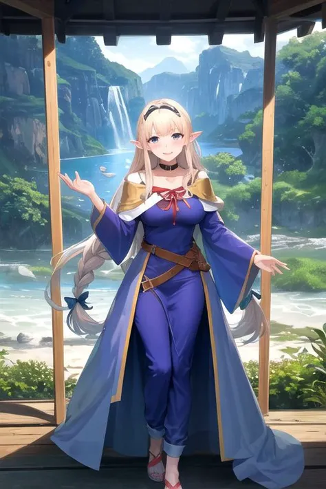(masterpiece, top quality, extremely detailed, best quality, beautiful and aesthetic:1.2), (1girl:1.3), official art, high resolution, surreal, <lora:sumiyao+MEI2-000010:1> sumiyao+, <lora:marcille_donato:0.7> marcille donato,elf,pointy ears,long hair,twin braids,hair ribbon,red choker,blue capelet,robe,long dress,blue dress,long sleeves,red ribbon,belt,wide sleeves,skirt,pants,pants under skirt,sandals,white footwear, standing, heart, heart hands, awkward smile, wavy mouth, gigantic breasts,