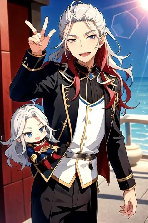 <lora:NagisaRan-03:0.8>, nagisaran, looking at viewer, smile, open mouth, blue eyes, long sleeves, jacket, red hair, pointy ears, lens flare, doll, character doll