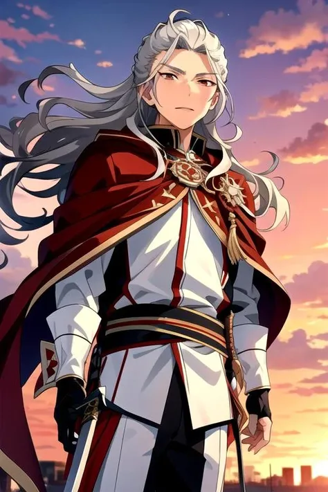 <lora:NagisaRan-03:0.8>, nagisaran, gloves, weapon, outdoors, sky, sword, cloud, white gloves, cape, orange eyes, cloudy sky, wind, building, sunset, red cape, planted, planted sword