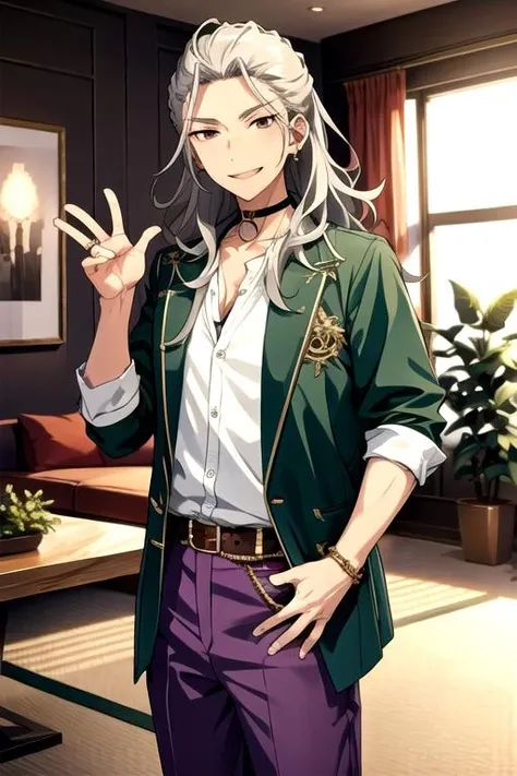 <lora:NagisaRan-03:0.8>, nagisaran, looking at viewer, smile, shirt, jewelry, choker, belt, pants, indoors, pillow, table, plant, couch, green jacket, potted plant, purple pants