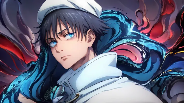 (masterpiece:1.2, best quality), (finely detailed beautiful eyes: 1.2),(cursed energy:1.4), 1man, 1boy, (extremely detailed CG unity 8k wallpaper, masterpiece, best quality, ultra-detailed, best shadow), (detailed background), (beautiful detailed face, beautiful detailed eyes),(blue aura:1.4), yuta okkotsu, solo, male focus , fighting stance, serious look, death stare, looking at viewer, simple background, long sleeves, white jacket, white backround, school uniform, ring , outdoors,
