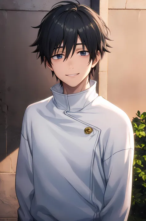 (masterpiece:1.2, best quality), (finely detailed beautiful eyes: 1.2),1man, 1boy, (extremely detailed CG unity 8k wallpaper, masterpiece, best quality, ultra-detailed, best shadow), (detailed background), (beautiful detailed face, beautiful detailed eyes), yuta okkotsu, (white jacket:1.1), high collar, black eyes, smiling, male focus, looking at viewer,High contrast, (best illumination, an extremely delicate and beautiful),(simple backround, outdoors), cowboy shot