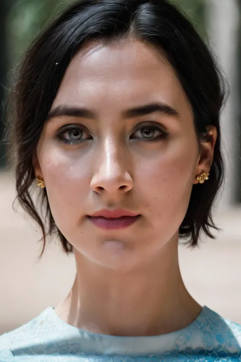 photoshoot of srn, (black hair), (wavy hair cut), , detailed skin texture, (blush:0.2), (goosebumps:0.3), (light blue dress), subsurface scattering, Photorealistic, Hyperrealistic, Hyperdetailed, analog style, hip cocked, demure, detailed skin, matte skin, soft lighting, subsurface scattering, realistic, heavy shadow, masterpiece, best quality, ultra realistic, 8k, golden ratio, Intricate, High Detail, film photography, soft focus <lora:SaoirseRonan-RealVision-V1.0:1>