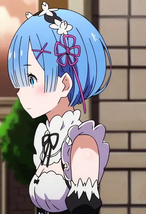 <lora:rem:1> rem, 1girl, solo, rem (re:zero), blue hair, blue eyes, short hair, maid, roswaal mansion maid uniform, hair ornament, ribbon, x hair ornament, detached sleeves, holding, hair ribbon, pink ribbon, blush, parody, upper body, maid headdress, from side, profile, anime coloring, outdoors