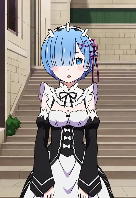 <lora:rem:1> rem, blue eyes, blue hair, blush, day, detached sleeves, hair over one eye, open mouth, rem, rem (re:zero), ribbon, short hair, solo