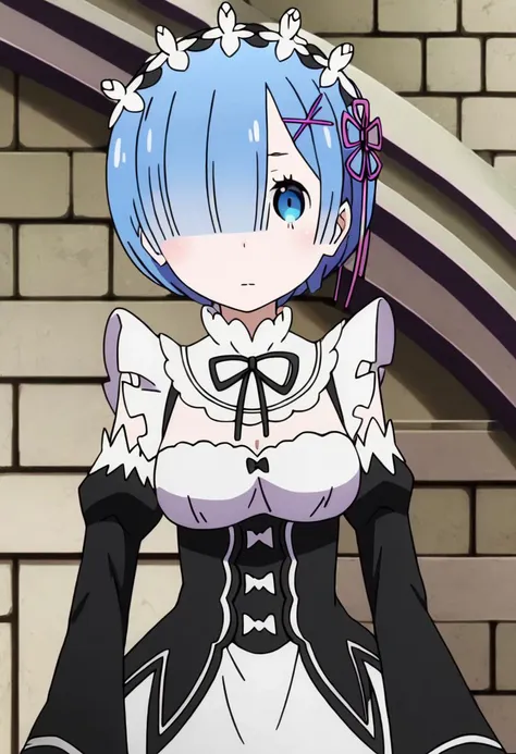 <lora:rem:1> rem, 1girl, solo, short hair, blue hair, rem (re:zero), roswaal mansion maid uniform, detached sleeves, blue eyes, hair over one eye, ribbon