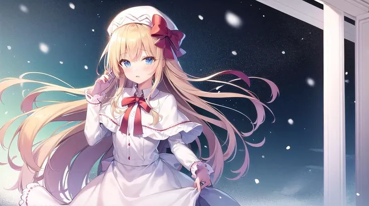 1girl,blonde_hair,blush,lily white,chest,in winter,A girl reaches out her hand and invites you,trees,snowfield,Snow fell on the trees,sad,long_hair,<lora:lilyWhiteLoraTouhou_lilyWhiteV10:1:CHAR>,beautiful detailed blue eyes,looking at viewer,{{transparent wings}},{{{masterpiece}}},{{{best qual1ity}}},{{{ultra detailed}}},{{highres}},{{{beautiful detailed face}}},{{{beautiful detailed eyes}}},standing,floating hair,red ribbon,white capelet,white headwear,fairly, illustration,  studio photography, {extremely detailed cg}