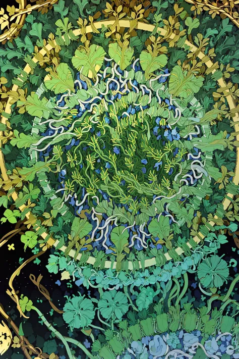 (masterpiece, top quality, best quality, official art, beautiful and aesthetic:1.2), a green clover leaf, gold filigree, black background (no humans:2), <lora:Goodsell_v1:1.0>