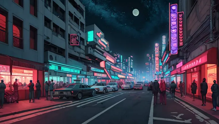 digital art panorama of a futuristic city, street view, neon signs, night sky, smog, cyberpunk, industrial, vaporwave, UHD, 8K, detailed, hyperrealistic, inspired by Blade Runner <lora:Edward Hopper - Style:0.5> edhop_style <lora:Goodsell_v1:0.5>