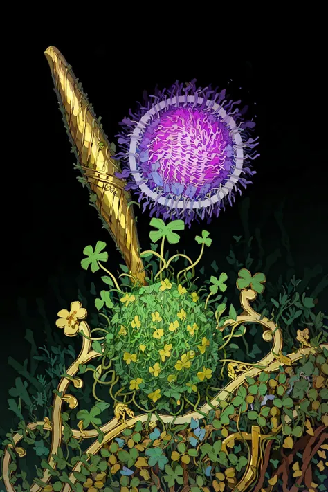 (masterpiece, top quality, best quality, official art, beautiful and aesthetic:1.2), a green four-leaf clover, gold filigree, black background (no humans:2), <lora:Goodsell_v1:1.0>