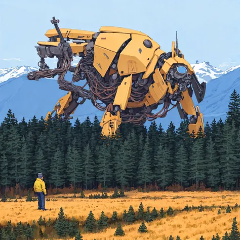 A giant yellow robot, snowy mountains, pine trees, stalenh4g <lora:Stalenh4g:1.0> <lora:Goodsell_v1:1.0>