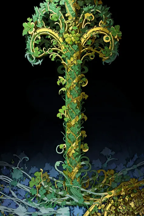 (masterpiece, top quality, best quality, official art, beautiful and aesthetic:1.2), a green shamrock, gold filigree, black background (no humans:2), <lora:Goodsell_v1:1.0>