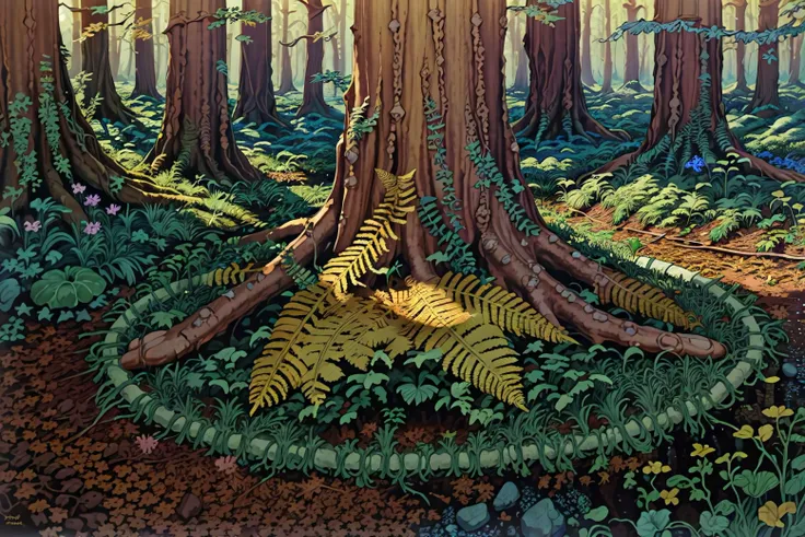 a beautiful forest, redwood trees, ferns, rays of sunlight, golden hour, a gentle forest creature, best quality, masterpiece, highly detailed, ultra-detailed, absurdres <lora:Goodsell_v1:0.8>