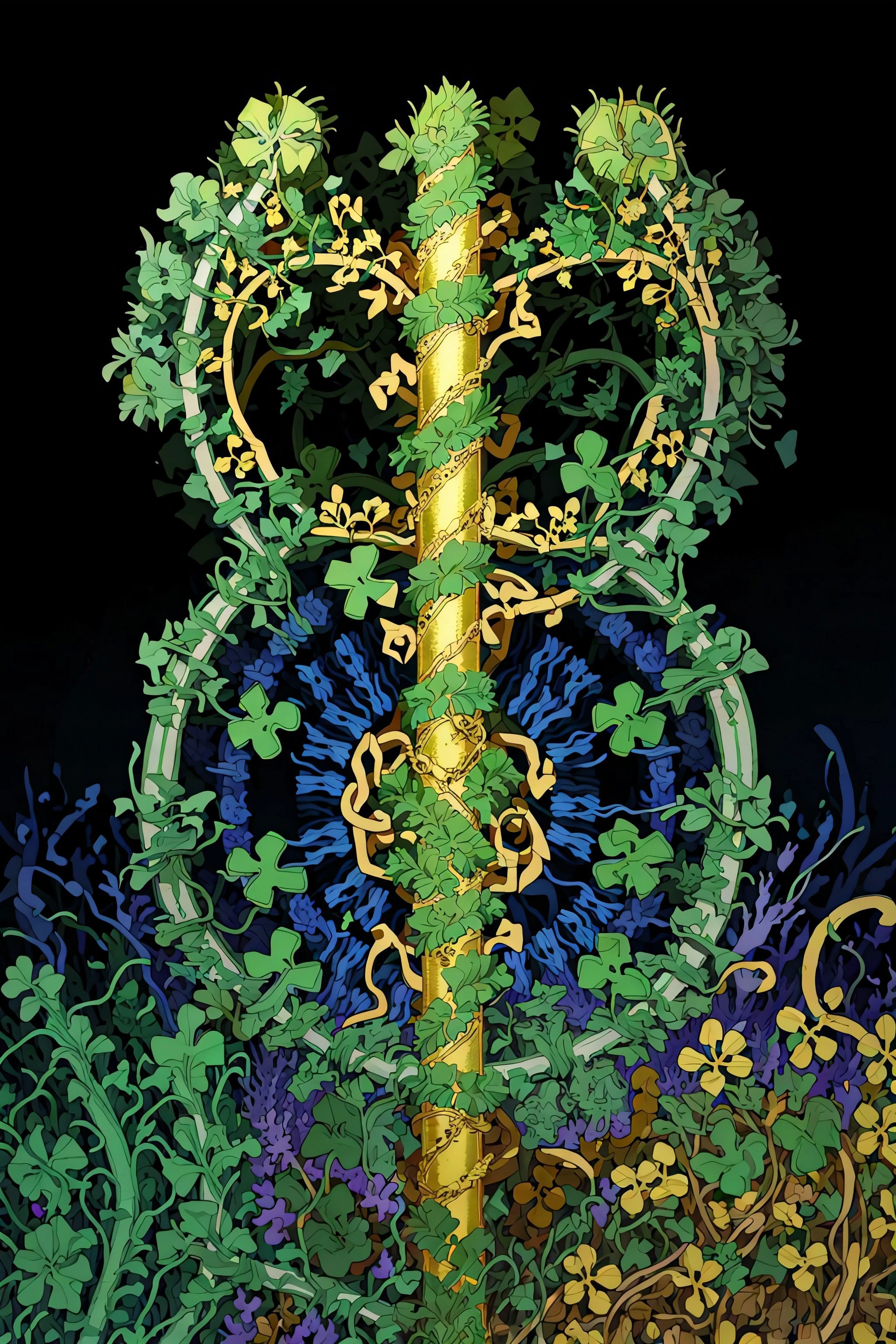 (masterpiece, top quality, best quality, official art, beautiful and aesthetic:1.2), a green shamrock, gold filigree, Celtic knot, black background (no humans:2), <lora:Goodsell_v1:1.0>