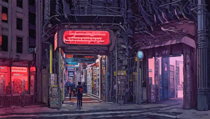 digital art panorama of a futuristic city, street view, neon signs, night sky, smog, cyberpunk, industrial, vaporwave, UHD, 8K, detailed, hyperrealistic, inspired by Blade Runner <lora:Edward Hopper - Style:1.0> edhop_style <lora:Goodsell_v1:1.0>