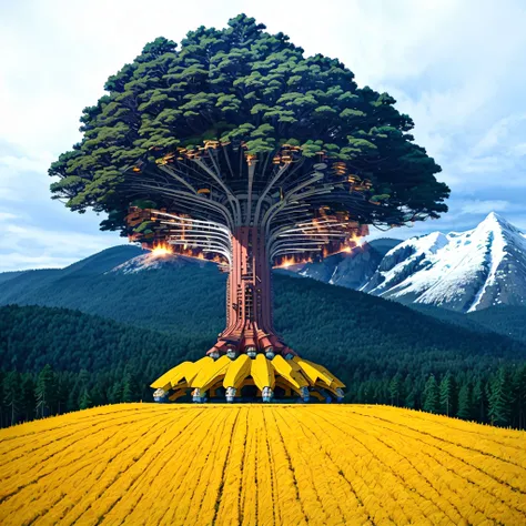 A giant yellow robot, snowy mountains, pine trees, stalenh4g <lora:Goodsell_v1:1.0>