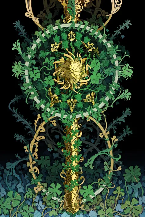 (masterpiece, top quality, best quality, official art, beautiful and aesthetic:1.2), a green shamrock, gold filigree, black background (no humans:2), <lora:Goodsell_v1:1.0>