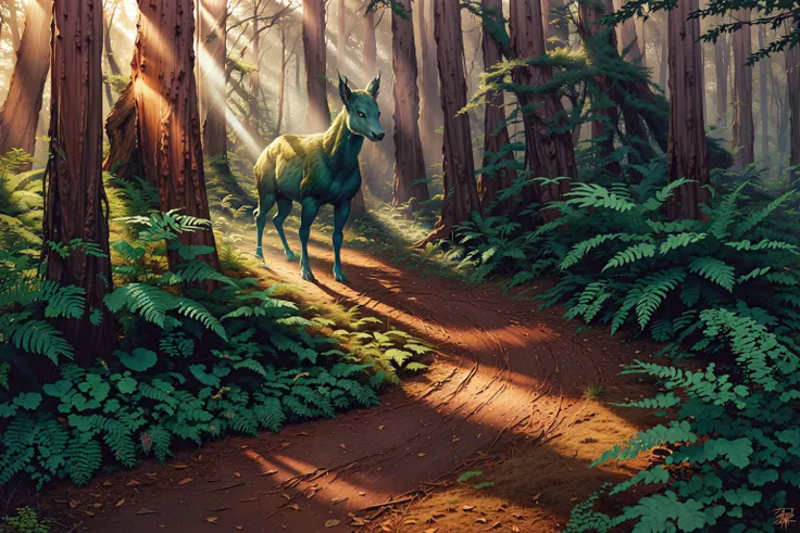 a beautiful forest, redwood trees, ferns, rays of sunlight, golden hour, a gentle forest creature, best quality, masterpiece, highly detailed, ultra-detailed, absurdres <lora:Goodsell_v1:0.5>