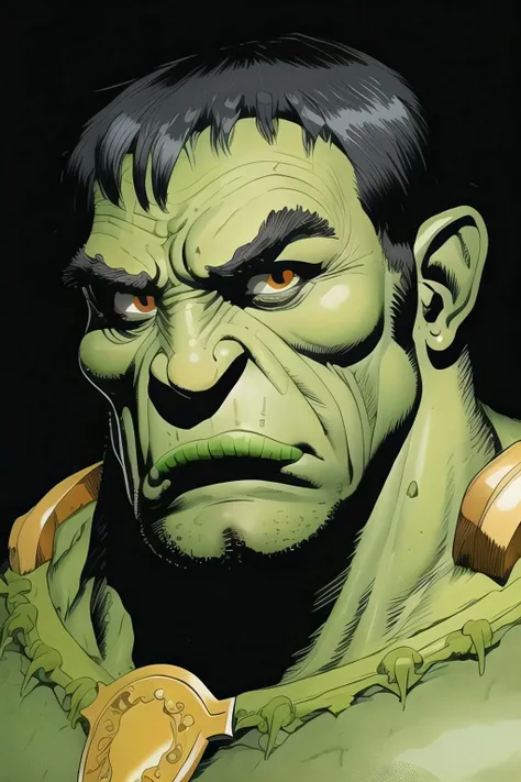 cartoon, ogre, green skin, black hair, battle axe, looking at viewer, simple background <lora:halfoster2:0.5> half0ster, <lora:Goodsell_v1:0.5>