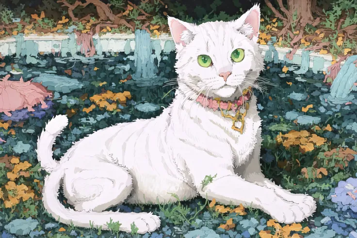 masterpiece, best quality, highres, fluffy white cat, green eyes, ugly, outdoors <lora:Goodsell_v1:1.0>