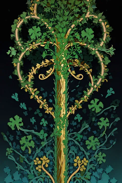 (masterpiece, top quality, best quality, official art, beautiful and aesthetic:1.2), a green shamrock, gold filigree, black background (no humans:2), <lora:Goodsell_v1:1.0>