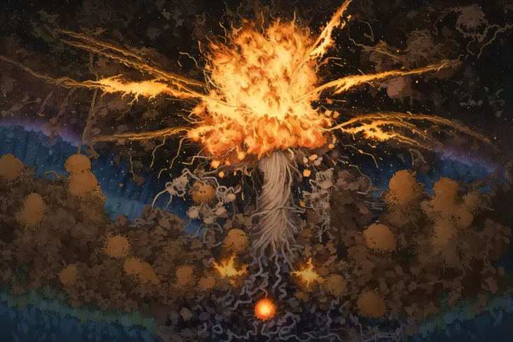 (masterpiece, best quality), a nuclear explosion, bright atomic fireball, mushroom cloud, smoke and flames in the air with a red sky behind it <lora:Goodsell_v1:1.2>  <lora:epi_noiseoffset2:1.0>