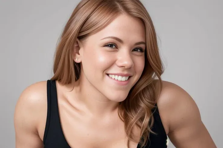 a portrait of DEN_Viola_bailey in front of a [plain black background] wearing a black tank top, collarbone, [headshot], [centre frame], looking at the camera, facing the camera,
mouth open laughing,
photorealistic, high detail, detailed, masterpiece, 8k, highres, flawless, colour, professional