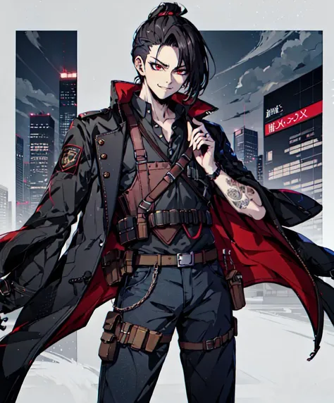 <lora:defaultz_style_v2:1> defaultz style,, ultra detailed, masterpiece, best quality, aesthetic, detailed,, solo, smug smile, 1boy, red eyes, <lora:Tsurime3:0.7>, (tsurime:1.2), black hair, undercut, top knot, parted bangs, long bangs, bangs, short hair, hair intakes, tall,, <lora:StS-Coat-and-Jacket-On-Shoulders-Iteration2:0.7> dataset, jacket on shoulders, (coat on shoulders:1.3), black coat, dress shirt, sleeves rolled up, fingerless gloves, holster, pants, belt, multiple belts, combat boots, bulletproof vest, tactical clothes,