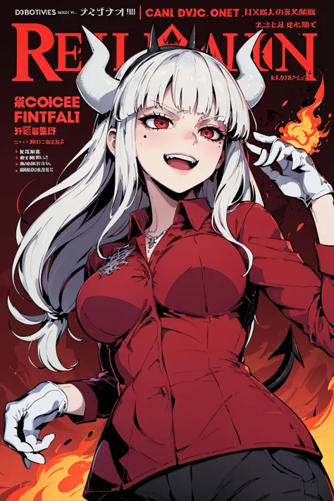 beautiful, (masterpiece), best quality, (extremely detailed face), extremely detailed eyes, perfect lighting, OverallDetail, detailed, deep skin,textured skin,
lucifer, horns, demon girl, demon horns, mole, mole under eye, white horns, tail, demon tail, long hair, large breasts, blunt bangs,<lora:lucifer:0.8>, red shirt, shirt, collared shirt, gloves, formal, suit, pants
,evil smile, ,evil eyes, evil laughing,
, <lora:defaultz_style_v2:0.8>,defaultz style, magazine cover,red theme, fire, magic fire,
flames from below,
