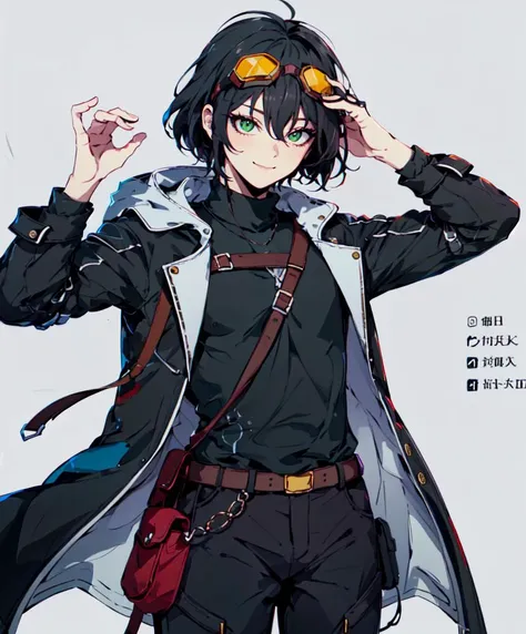<lora:defaultz_style_v2:1> defaultz style,, ultra detailed, masterpiece, best quality, aesthetic, detailed,, ultra detailed, masterpiece, best quality, solo, smile, 1boy, green eyes, short hair, black hair, bangs, hair between eyes, messy hair, (goggles on head:1.2),, headband, white coat, hooded coat, hood down, open coat, turtleneck, capri pants, pants, black knee boots,