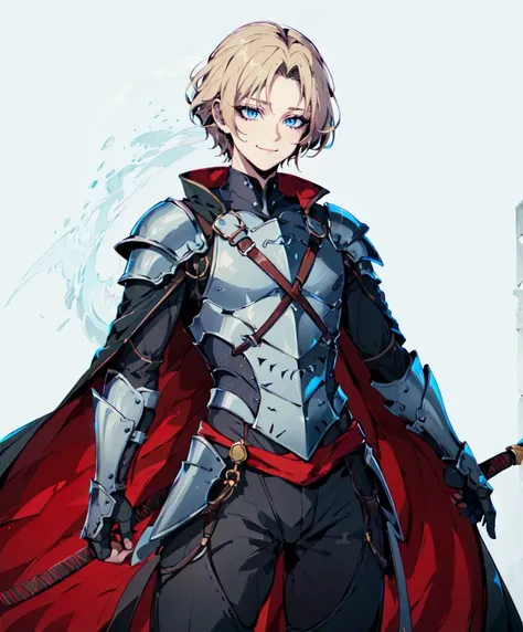 <lora:defaultz_style_v2:1> defaultz style,, ultra detailed, masterpiece, best quality, aesthetic, detailed,, solo, smile, 1boy, blue eyes, medium blonde hair, parted bangs, hair intakes, male focus, muscular male,, armor, pauldrons, cuirass, gauntlets, waist cape, greaves, black bodysuit, surcoat, shoulder sash, wing shoulder armor, cape, pants,