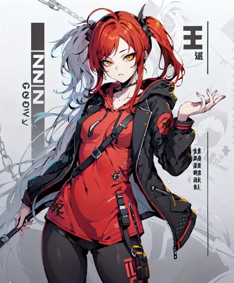 <lora:defaultz_style_v2:1> defaultz style,, ultra detailed, masterpiece, best quality, aesthetic, detailed,, solo, 1girl, red hair, (orange eyes:0.5), (amber eyes:1.3), swept bangs, parted bangs, medium hair, small breasts, <lora:Tsurime3:1>, (tsurime:1.2), (low twintails:1.35),, leggings, leather jacket, long shirt, combat boots, hoodie,