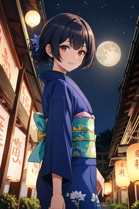 masterpiece, best quality, <lora:CHAR-RinzeMorino:1> RinzeMorino, hair bun, RinzeYukata, blue kimono, print kimono, green sash, night, paper lanterns, moon, japanese architecture, smile, cowboy shot, from side, looking at viewer