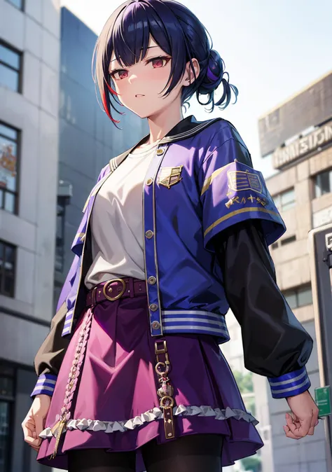 masterpiece, best quality, ultra-detailed,
RinzeMorino, hair bun, RinzeBase, multicolored clothes, black pantyhose, frilled skirt, letterman jacket, long sleeves, purple skirt, purple belt, blue jacket, armband, white shirt, sailor collar, from below, (skindentation:1.5),
<lora:RinzeMorino:0.7> <lora:smirkingeye_v100:1>