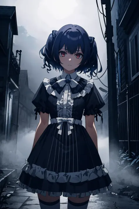 masterpiece, best quality, <lora:CHAR-RinzeMorino:1> RinzeMorino, hair bun, RinzeGothic, two side up, ribbon, short sleeves, frilled dress, black dress, medium hair, wrist cuffs, white thighhighs, desaturated, gothic architecture, night, chiaroscuro, outdoors, cowboy shot, gloomy, looking at viewer, neutral expression, <lora:Gloomifier_V2_TheGlow:1.5>