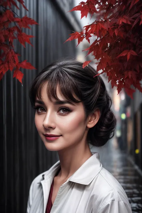 AudreyH_SoloTI_v1,(happy,big smile),
a woman is looking back, (a quiet japanese street, just after the rain, damp,red maple leaves extend from the top of the wall:1.3),Dark shot, photorealistic, masterpiece, high quality, artistic, unique, award winning photograph, professional, 8k, RAW photo, best quality,flattering,
<lora:add_detail:0.6>,<lora:LowRa:0.1>