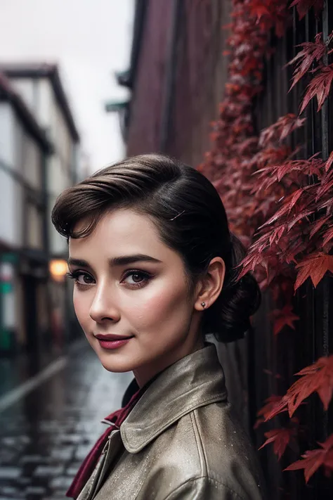 AudreyH_SoloTI_v1,(big smile),
a woman is looking back, (a quiet japanese street, just after the rain, damp,red maple leaves extend from the top of the wall:1.3),Dark shot, photorealistic, masterpiece, high quality, artistic, unique, award winning photograph, professional, 8k, RAW photo, best quality,flattering,
<lora:add_detail:0.6>,<lora:LowRa:0.1>