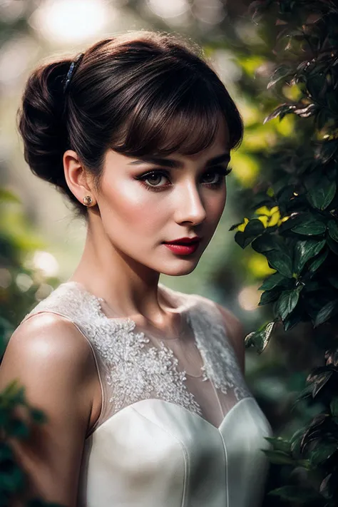 AudreyH_SoloTI_v1,
(modern photo, A white lace dress, paired with pink high heels, for a sweet and feminine look:1.1), closeup portrait, 85mm, (analog, cinematic, film grain, hazy atmosphere:1.3), ((A garden in the afternoon, with sunlight shining through the leaves:1.2)), detailed eyes, (painted lips), (seductive), (cinematic shot:1.3),
<lora:add_detail:0.8>,<lora:LowRa:0>