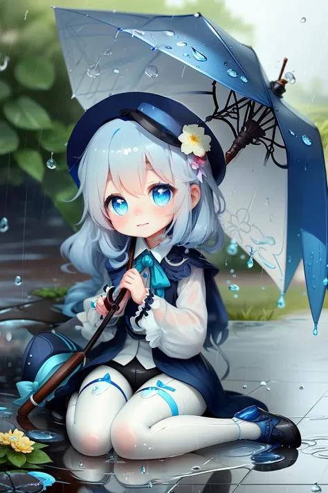 chibi, 1girl, solo, flower, blue eyes, umbrella, long hair, blue hair, blush, hair between eyes, rain, holding umbrella, bangs, white pantyhose, sitting, blue flower, pantyhose, holding, closed mouth, long sleeves, blurry, depth of field, bow, very long hair, blue bow, hat, brown footwear, hair flower, blurry background, hair ornament, shoes, outdoors, capelet, looking at viewer, water drop, blurry foreground, puddle <lyco:q-loha3-character-000006:1.0>