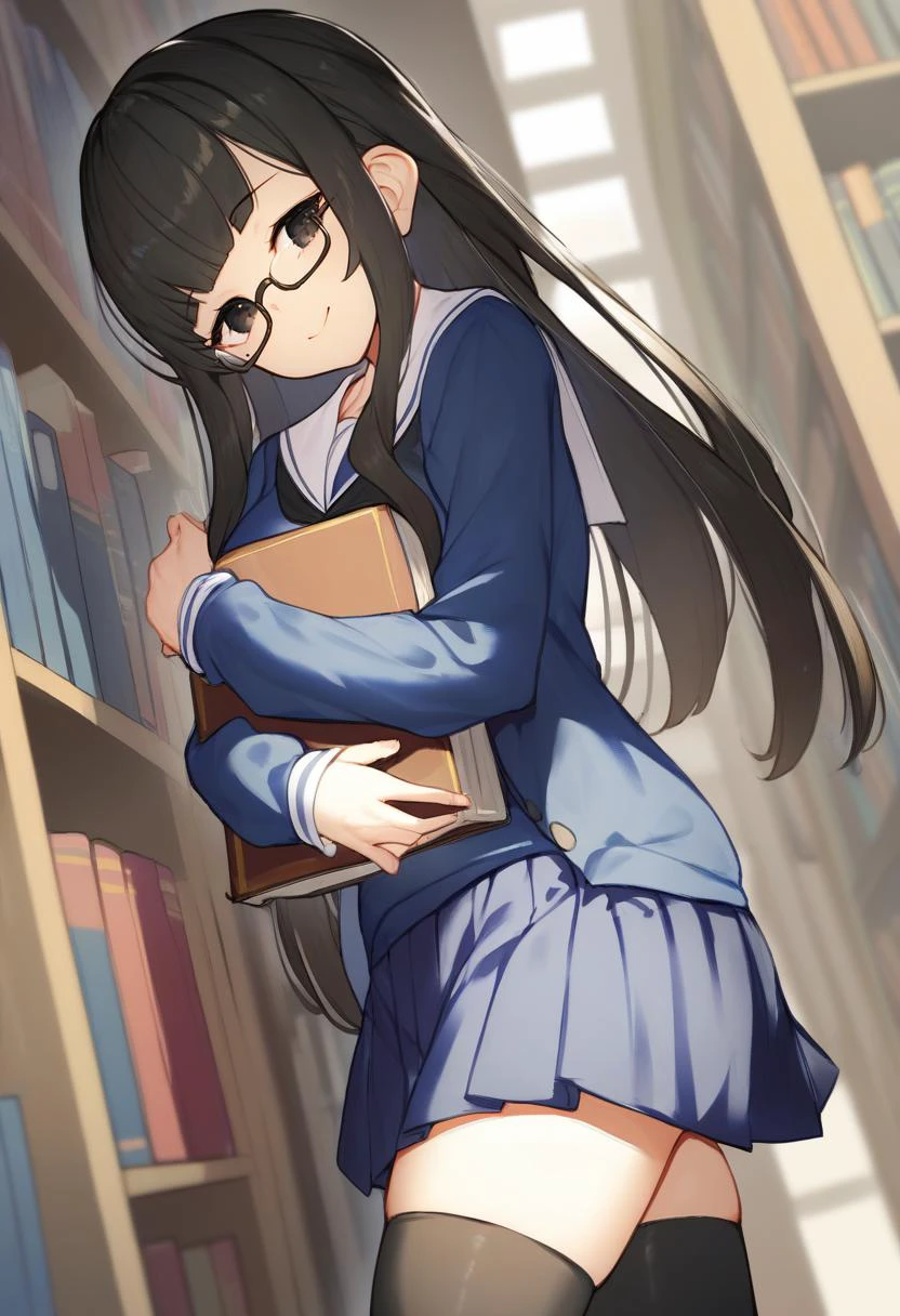 score_9, score_8_up, score_7_up, score_6_up, <lora:DPOXL:1> <lora:scottieXL_JS2_lokr_V1225:1> 1girl, solo, book, thighhighs, long hair, skirt, holding book, semi-rimless eyewear, glasses, looking at viewer, bookshelf, school uniform, under-rim eyewear, holding, pleated skirt, book hug, long sleeves, black thighhighs, breasts, serafuku, bangs, closed mouth, standing, sailor collar, blue skirt, library, indoors, blue serafuku, black hair, object hug, shirt, blue shirt, open clothes, smile, brown hair, jacket, mole under eye, black eyes, blunt bangs, off shoulder, zettai ryouiki